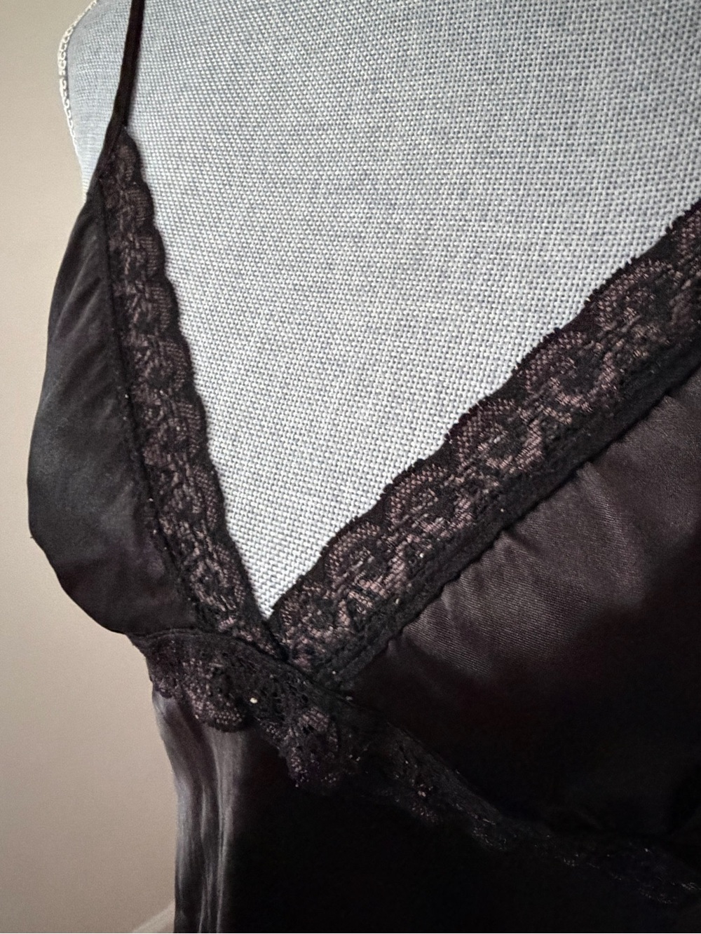 Y2K Black Satin Brown Lace-Trim Slip Dress - Picture 4 of 7
